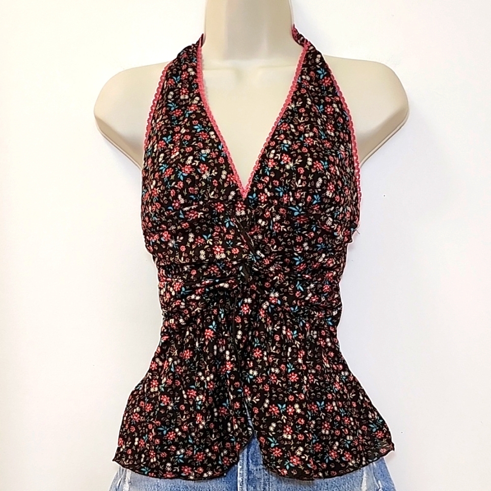 Candie's Y2K  Baby  Doll Floral Halter Top - Black and Pink Sz Meduim - Picture 11 of 16